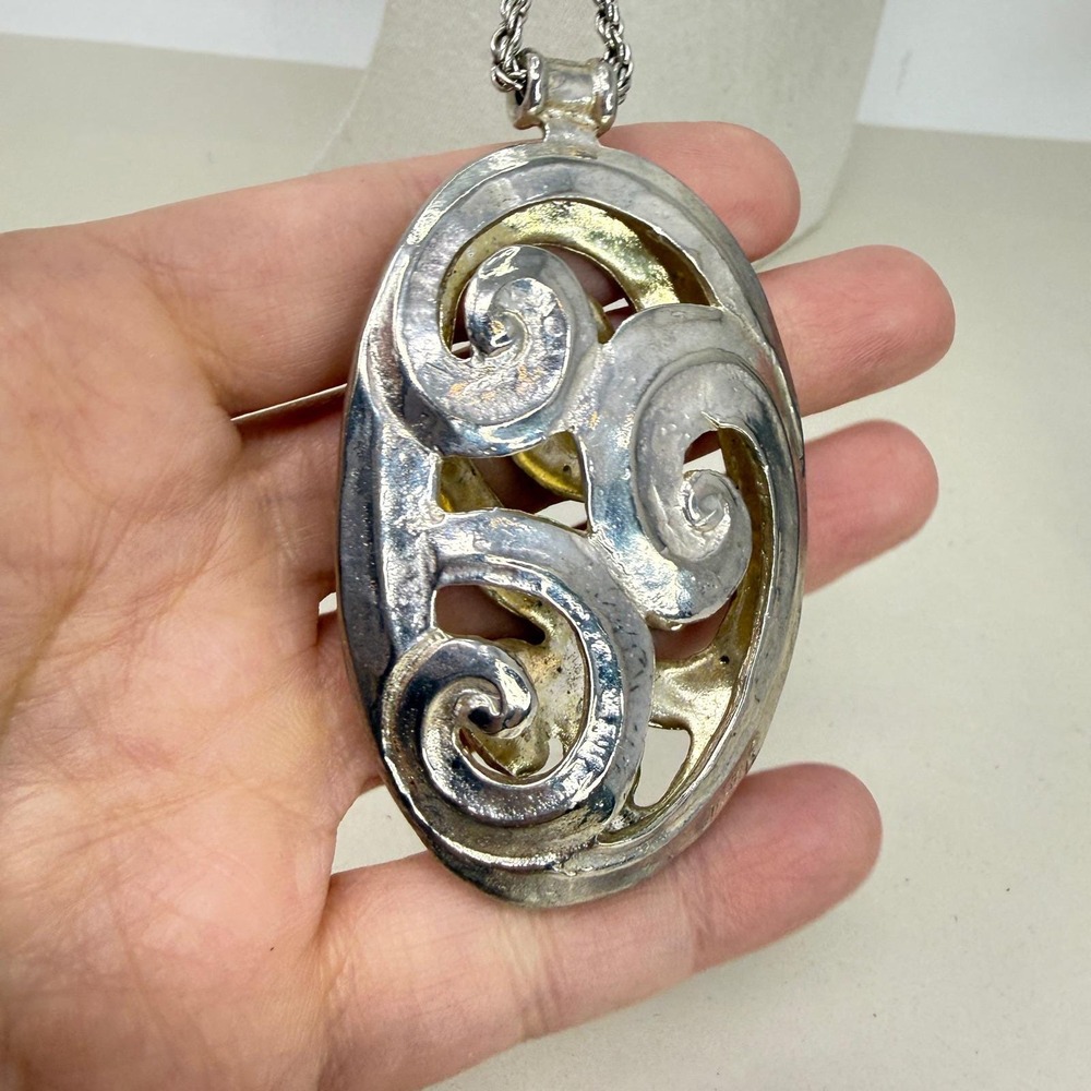 Oval Filigree Scroll Pendant Necklace Bold Statement Long Length Silver Tone - Picture 4 of 8